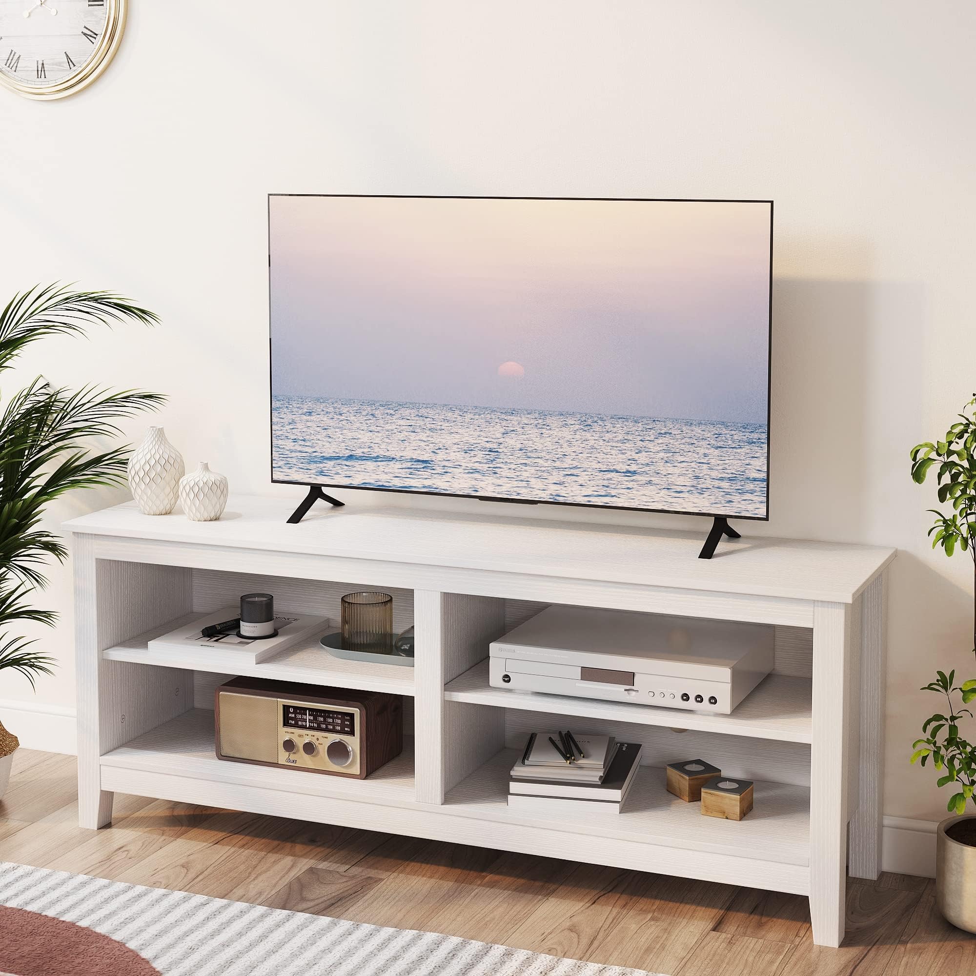 Gyger Modern TV Stand for 65 inch TV, White Wood TV Cabinet with 4